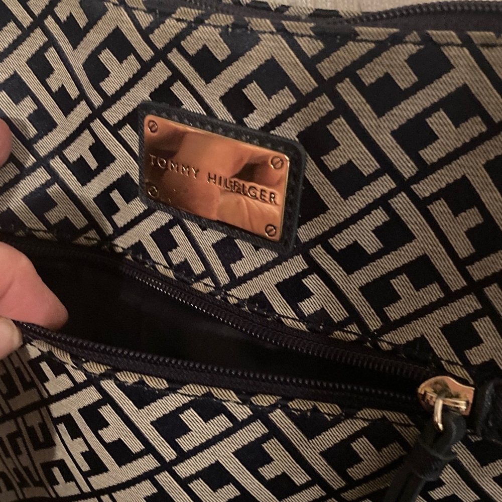 Tommy  Hilfiger Navy Blue / Beige Embossed Allover Monogram  Shoulder Bag - Picture 8 of 14